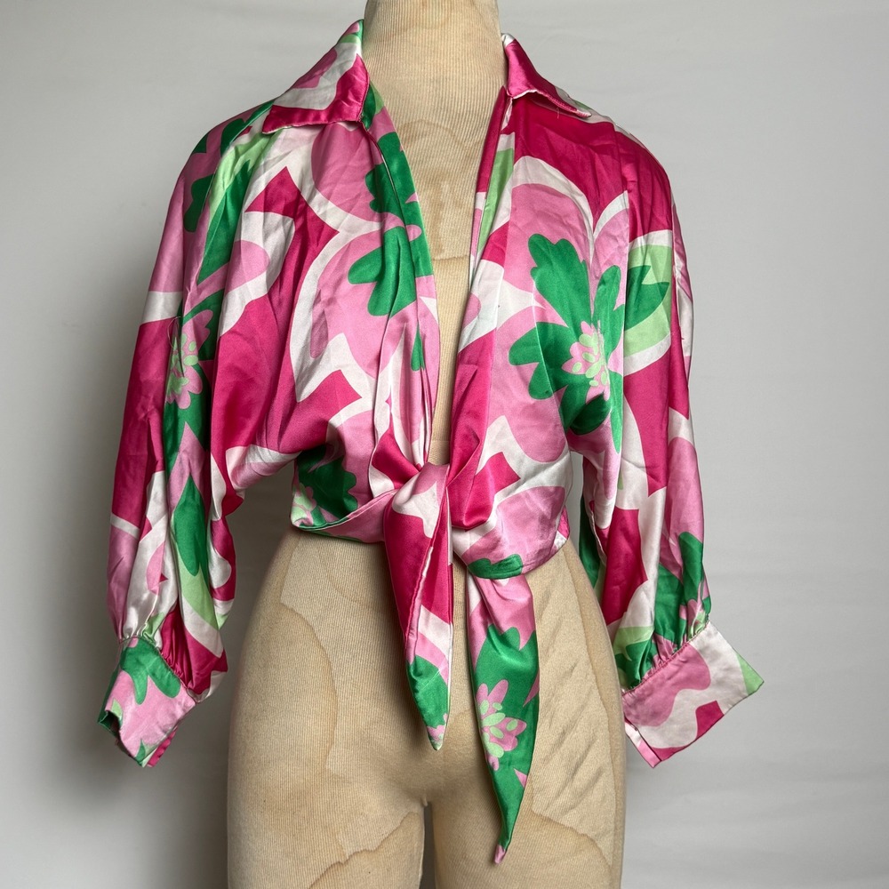 Blush & Day Pink Green Floral Tie Front Satin Crop Blouse TP4908S Small